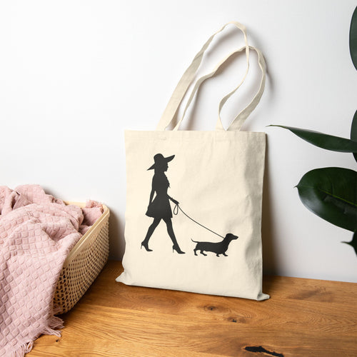 Chic Woman & Dachshund Canvas Tote Bag — Stylish Dog Mom Gift | 15” x 16”
