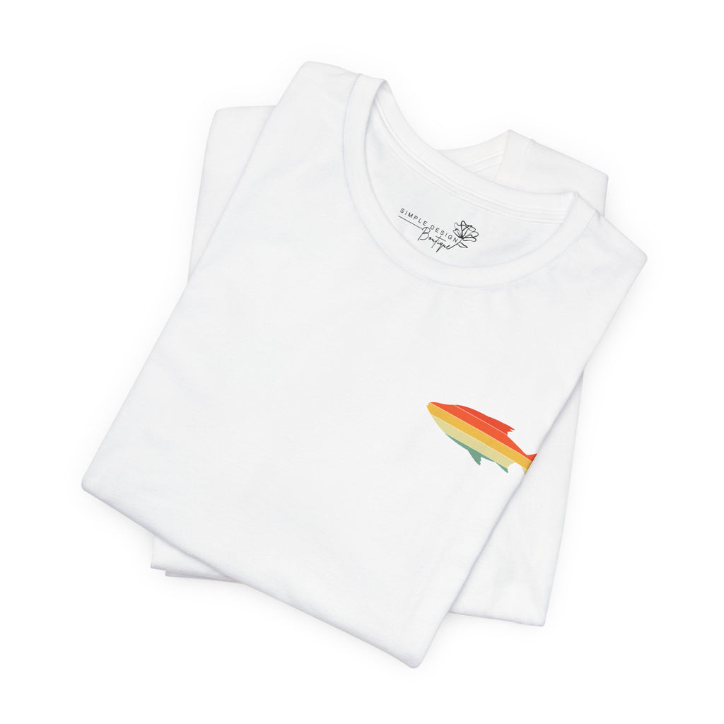 Fish Icon Tee — Small Rainbow Fish Chest Graphic T-Shirt