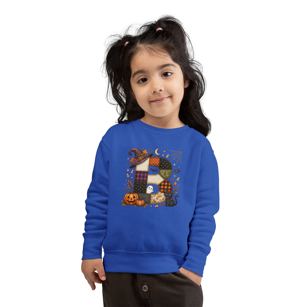 Kids Halloween Custom Initial Sweatshirt — Patchwork Pumpkin Witch Hat Design