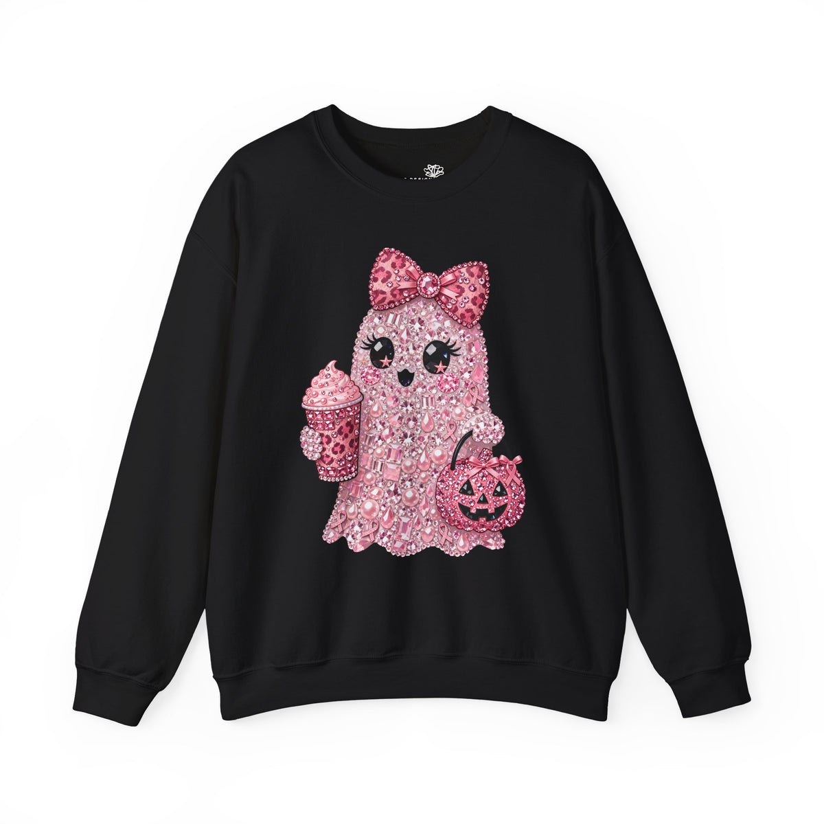 Pink Glitter Ghost Candy and Coffee Graphic - Halloween Pullover Sweatshirt