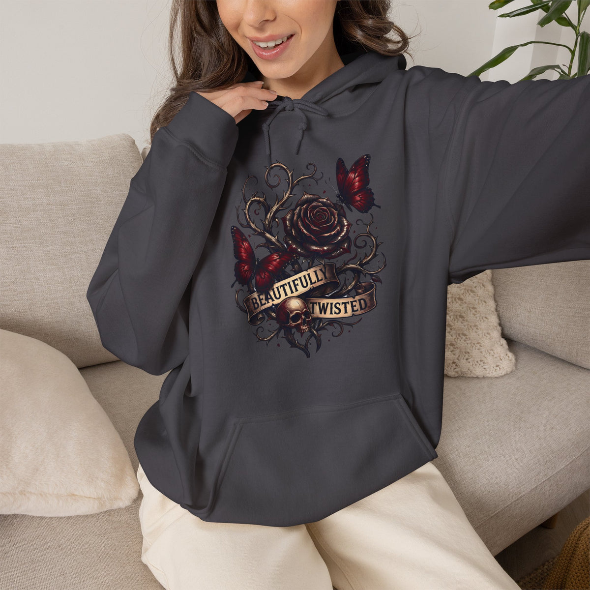Beautifully Twisted Rose & Butterfly Graphic -  Cozy Hoodie