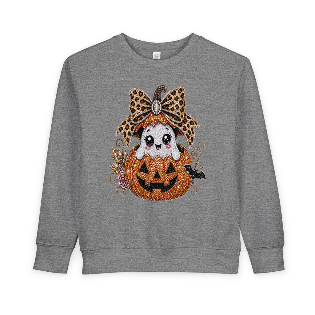 Kids Halloween Sweatshirt — Cute Ghost in Leopard Bow Pumpkin