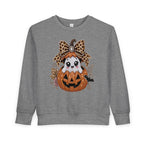 Kids Halloween Sweatshirt — Cute Ghost in Leopard Bow Pumpkin