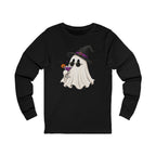 Cute Witch Ghost Long Sleeve Tee — Halloween Ghost with Witch Hat & Cocktail