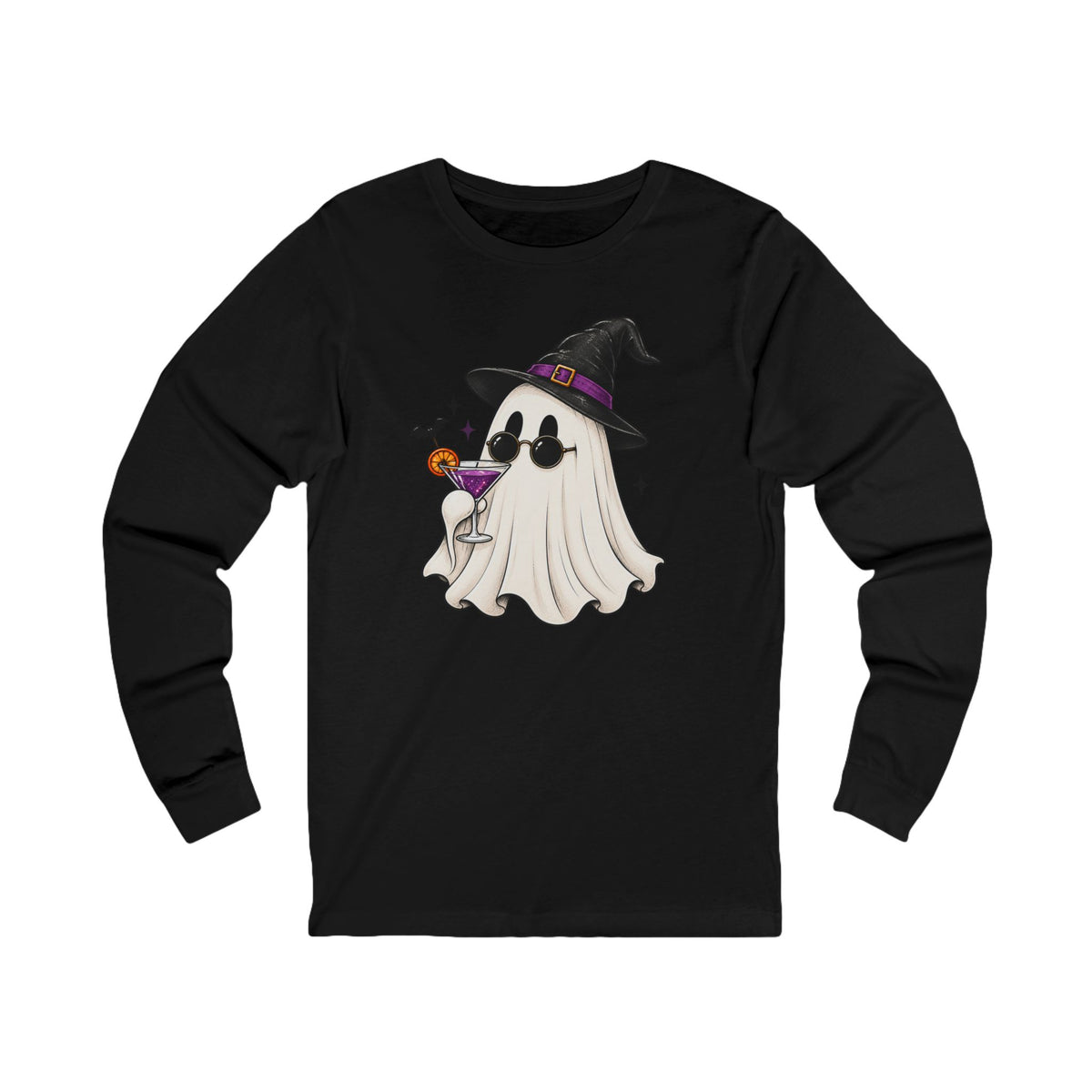 Cute Witch Ghost Long Sleeve Tee — Halloween Ghost with Witch Hat & Cocktail