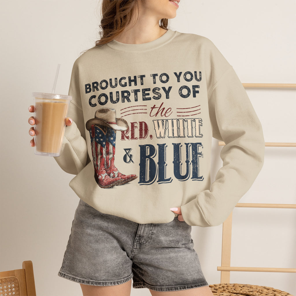 FRONT &  BACK "Brought to You Courtesy of the Red, White & Blue" Patriotic Cowboy Boots Crewneck | S–3XL