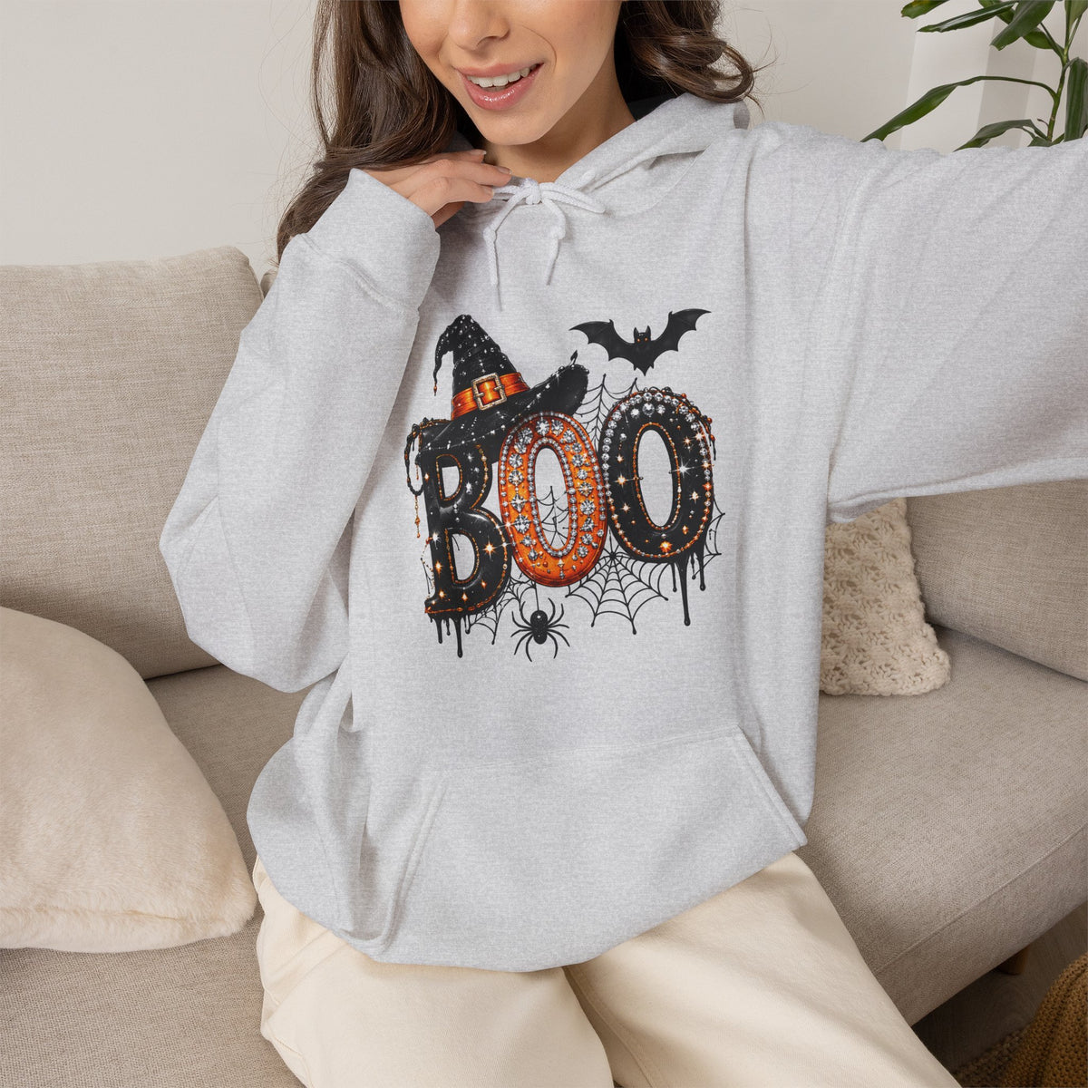'BOO' Witch Hat, Bat & Spiderweb Graphic - Halloween Hoodie