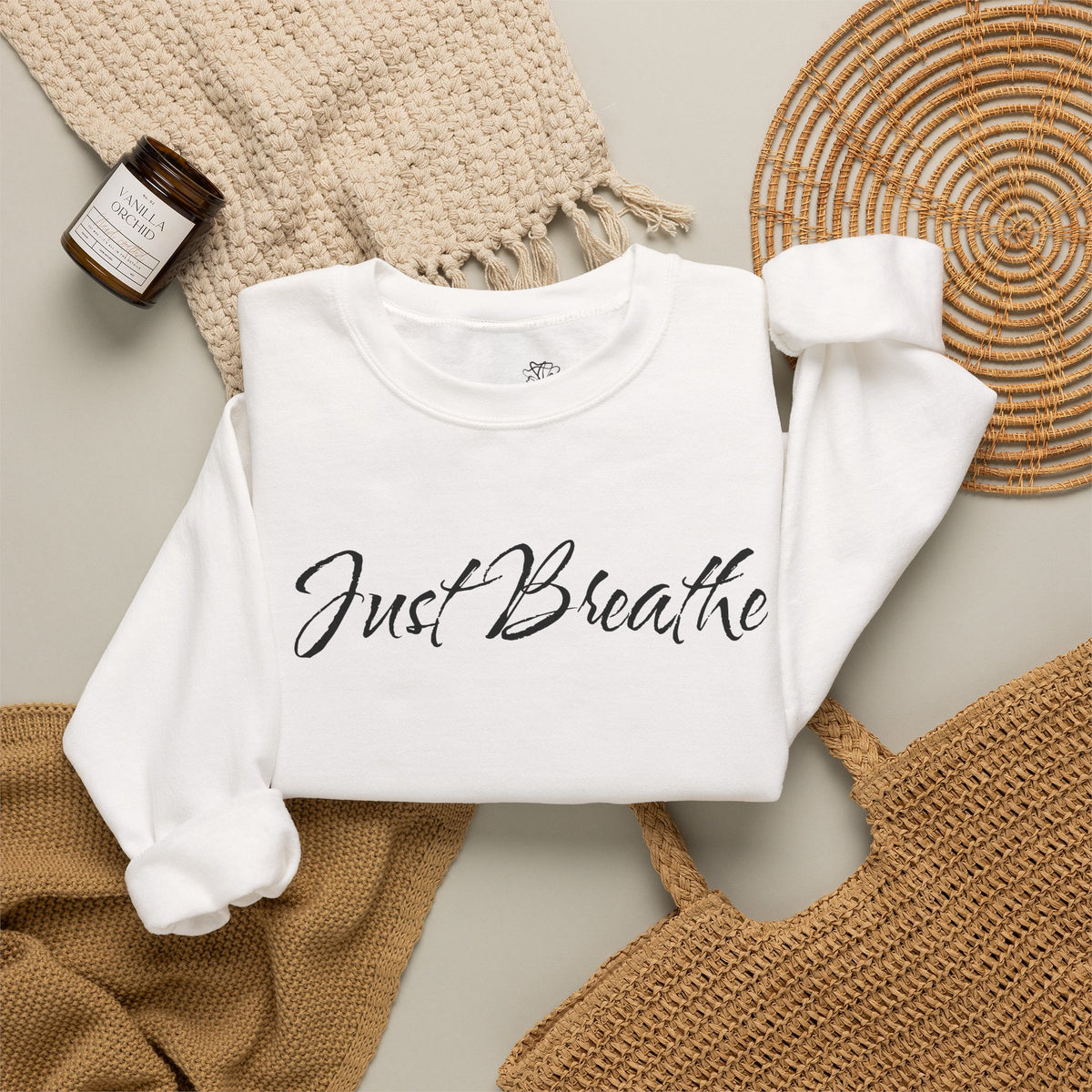 Just Breathe FRONT & BACK Graphic - Cozy Pullover Sweatshirt