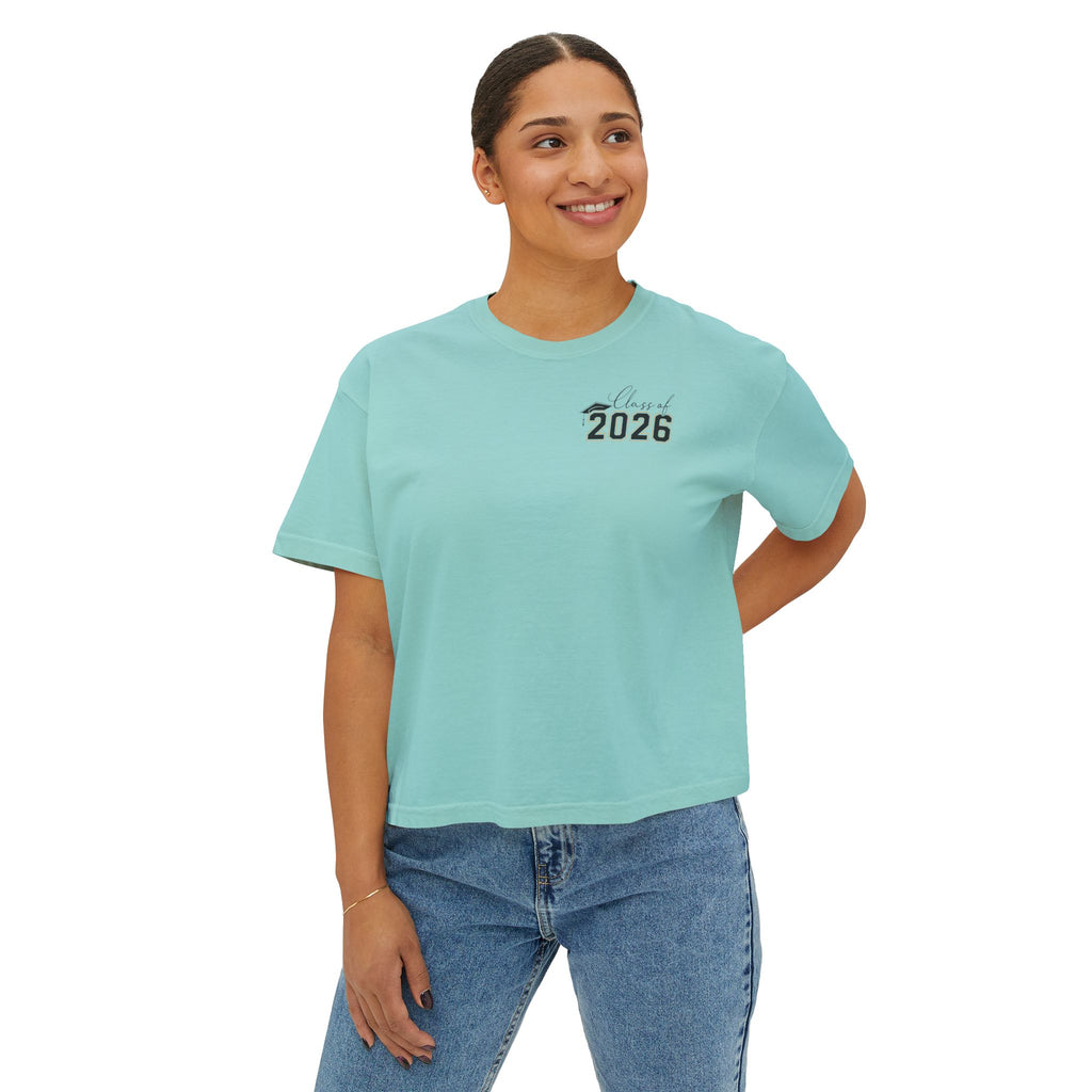 Class of 2026 FRONT & BACK Women's Boxy, Slightly Cropped Tee – Customize School Name Optional Graduation T‑Shirt
