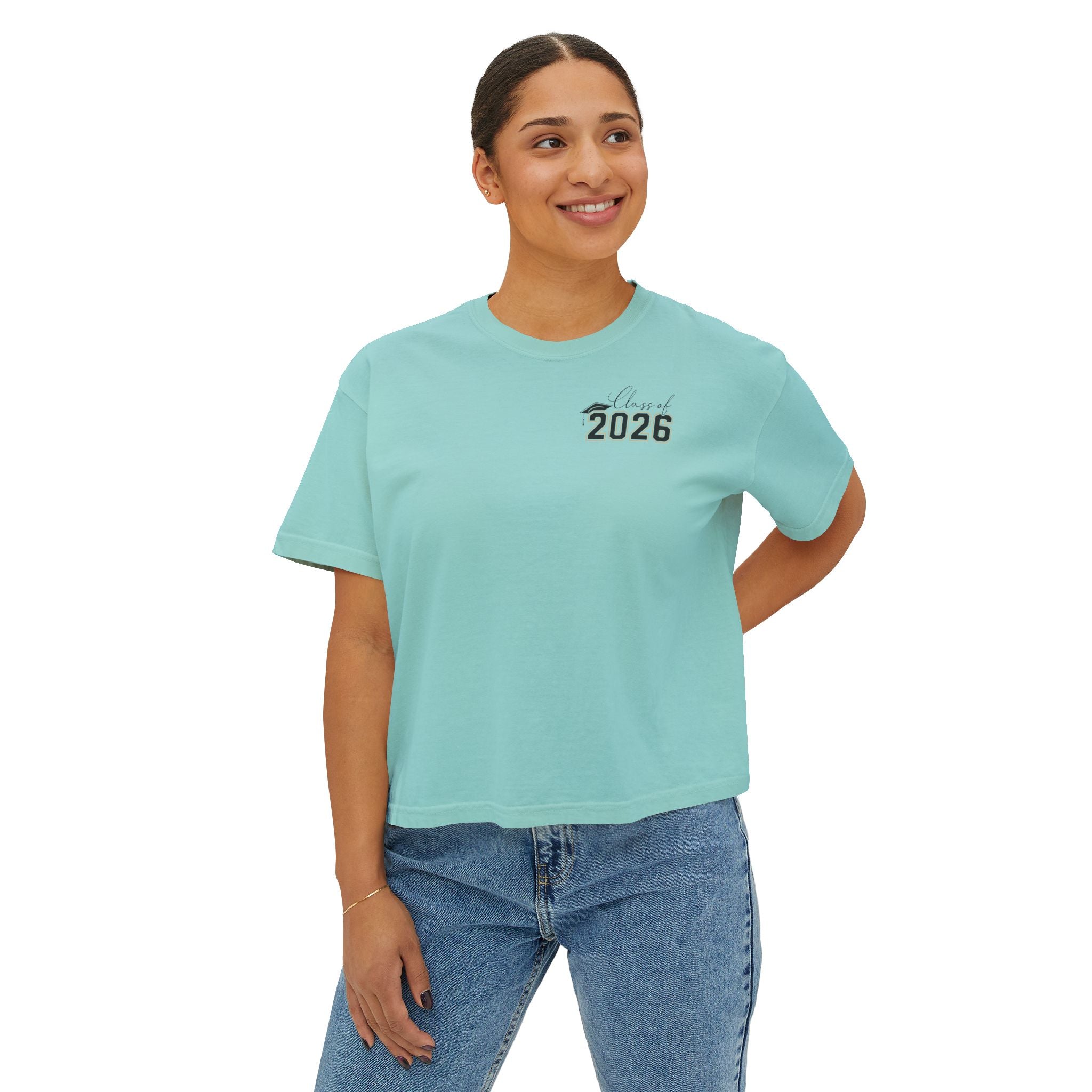 Class of 2026 FRONT & BACK Women's Boxy, Slightly Cropped Tee – Customize School Name Optional Graduation T‑Shirt