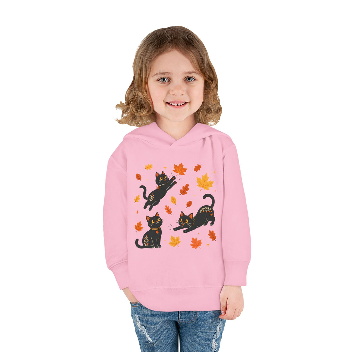 Toddler Hoodie — Playful Black Cats with Falling Autumn Leaves