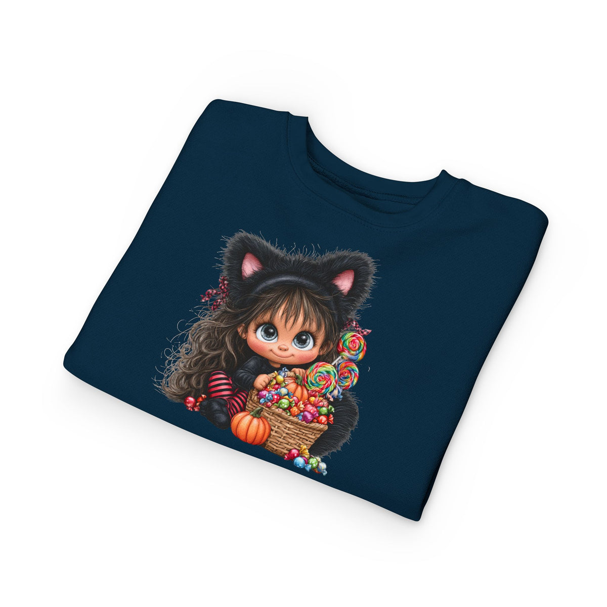 Toddler Sweatshirt — Cute Black Cat Costume Kid's Halloween Sweatshirt with Candy Basket