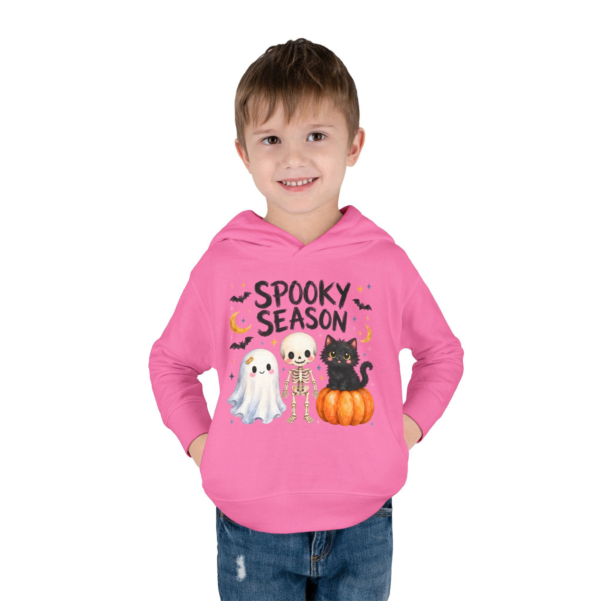 Toddler Hoodie — "Spooky Season" Cute Ghost, Skeleton & Black Cat Halloween Pullover