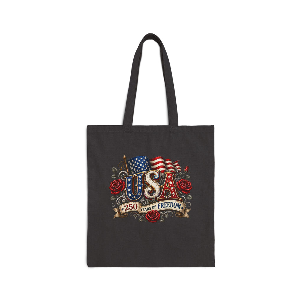 USA 250 Years of Freedom Tote Bag — Patriotic American Flag Canvas Tote | 15” x 16”