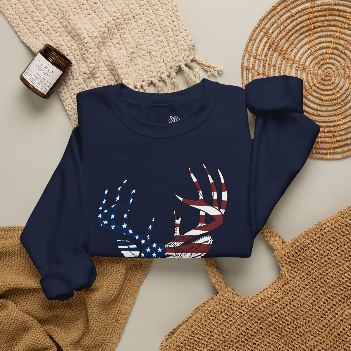 American Flag Deer Head Graphic - Pullover Sweatshirt
