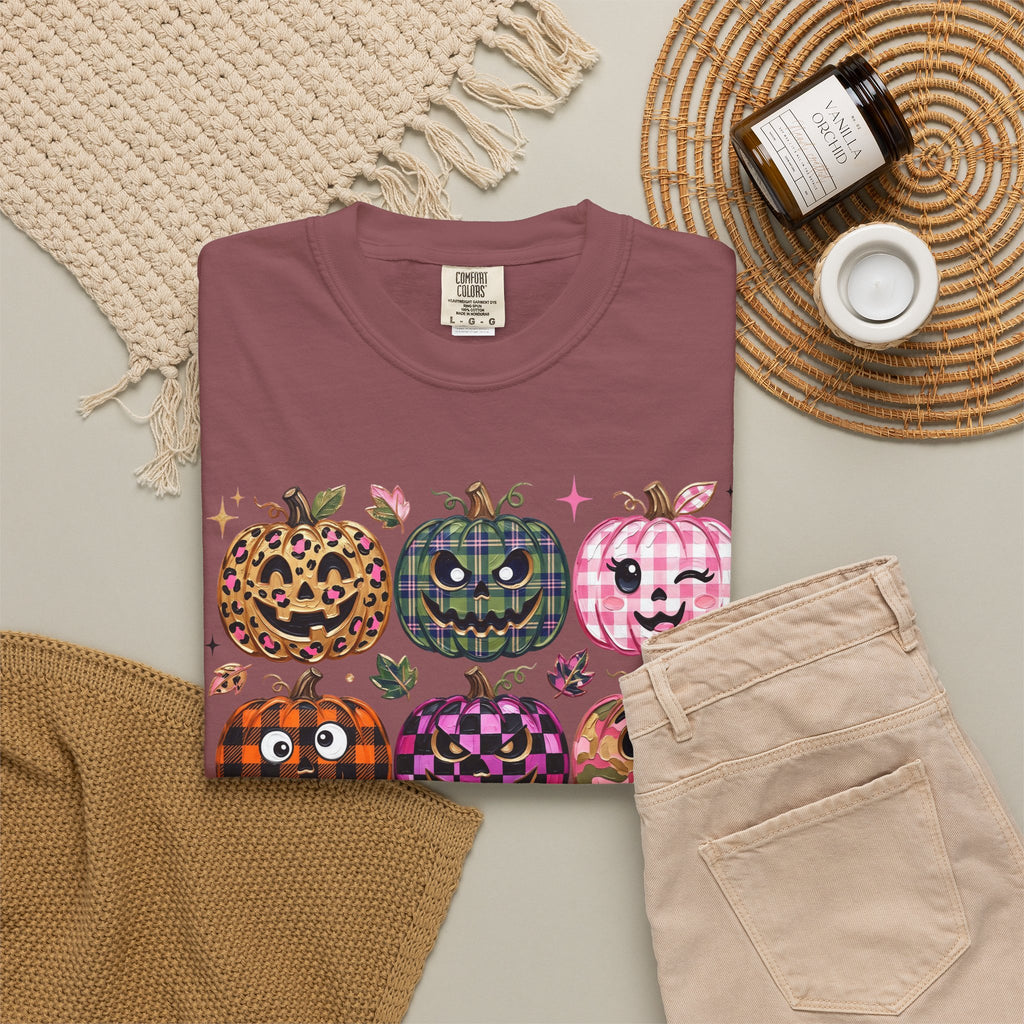 Patterned Comfort Colors Pumpkin Patch T-Shirt — Cute Halloween Jack-O'-Lanterns