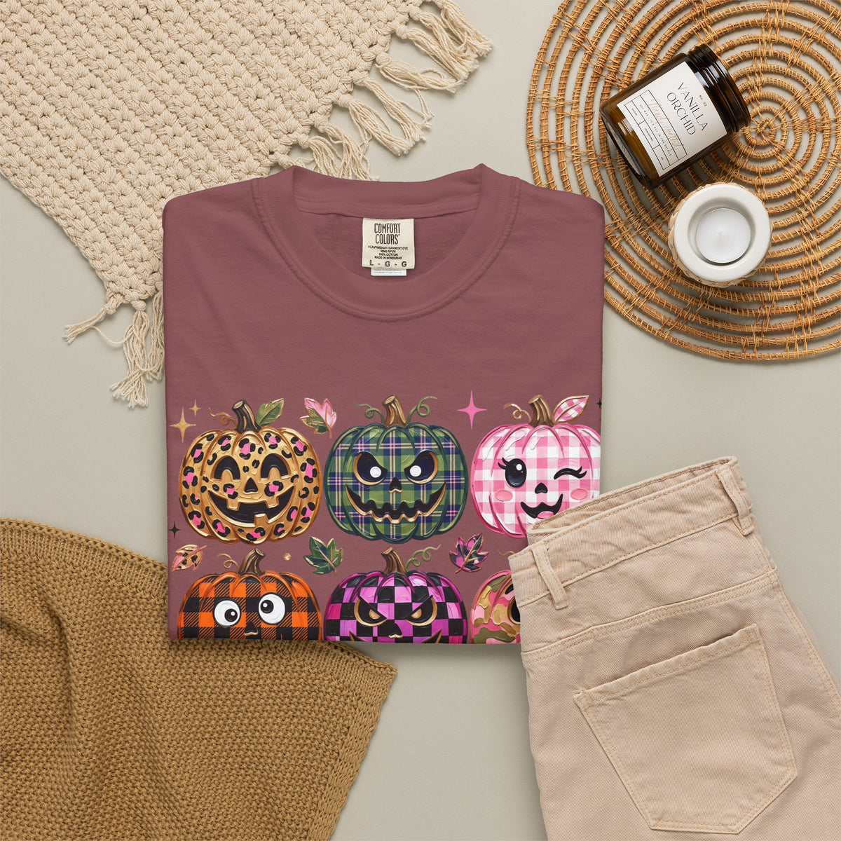 Patterned Comfort Colors Pumpkin Patch T-Shirt — Cute Halloween Jack-O'-Lanterns