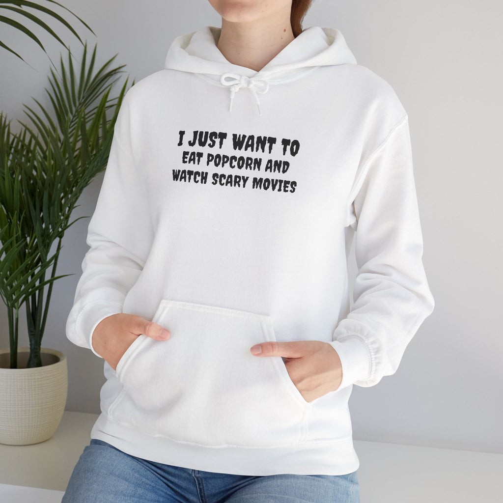 "I Just Want to Eat Popcorn and Watch Scary Movies" Cozy Halloween Hoodie