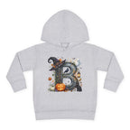 Toddler Hoodie — Halloween Custom Initial Pullover (Witch Hat, Pumpkin & Ghosts)