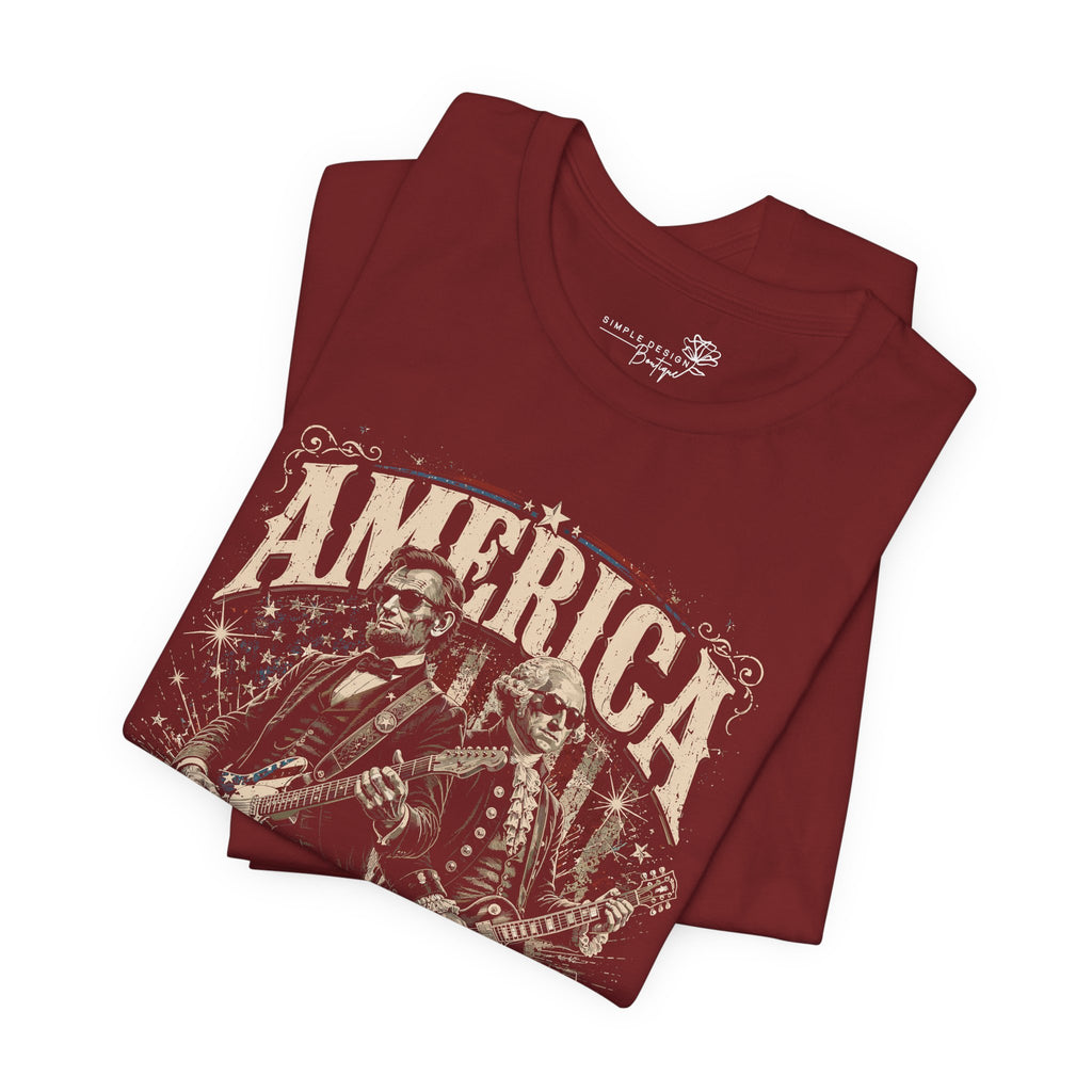 America 250 Years Guitar T-Shirt — Lincoln & Washington Rock Graphic Tee | S–3XL