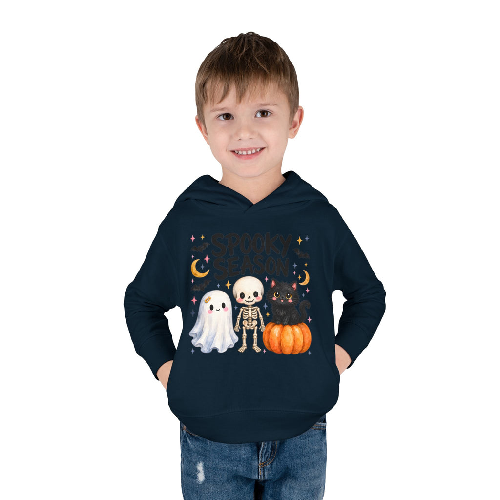 Toddler Hoodie — "Spooky Season" Cute Ghost, Skeleton & Black Cat Halloween Pullover