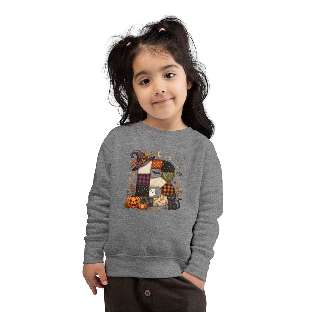 Kids Halloween Custom Initial Sweatshirt — Patchwork Pumpkin Witch Hat Design