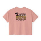 Class of 2026 FRONT & BACK Women's Boxy, Slightly Cropped Tee – Customize School Name Optional Graduation T‑Shirt