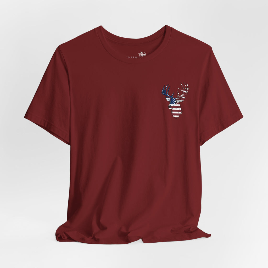 Patriotic Deer Head Graphic Tee — Red White & Blue Double-Sided Hunting Shirt | S–3XL