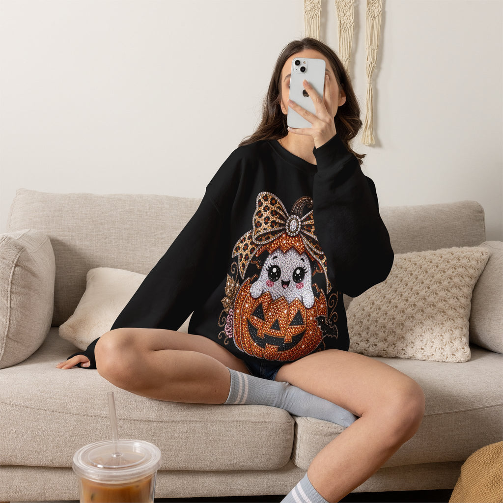 Cute Halloween Pumpkin Leopard Bow Ghost in Jack-O'-Lantern - Pullover Sweatshirt