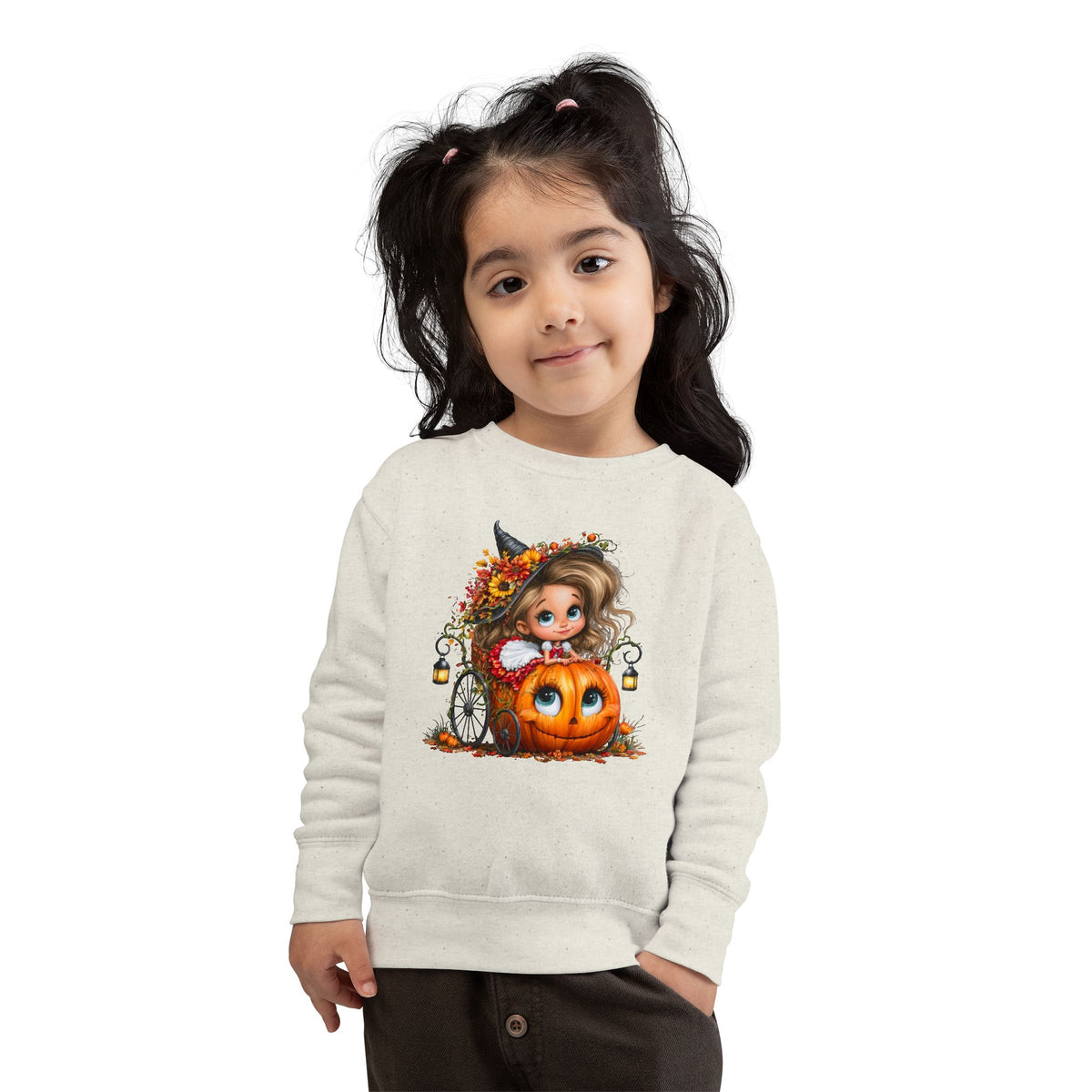 Toddler Sweatshirt — Cute Halloween Pumpkin Witch Girl Fall Crewneck