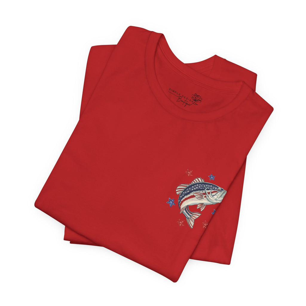 Patriotic Bass Fishing Graphic Tee — Red White & Blue Double-Sided Fishing Shirt | S–3XL