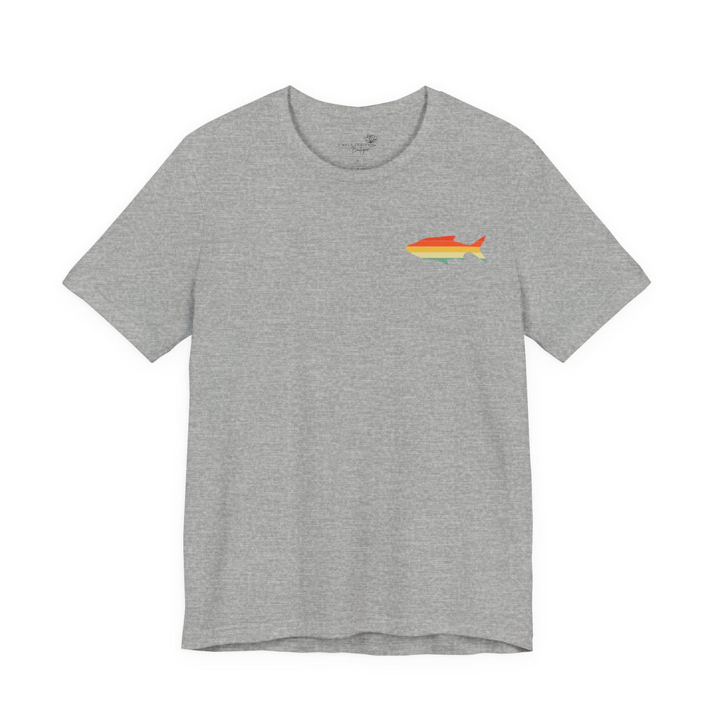 Fish Icon Tee — Small Rainbow Fish Chest Graphic T-Shirt
