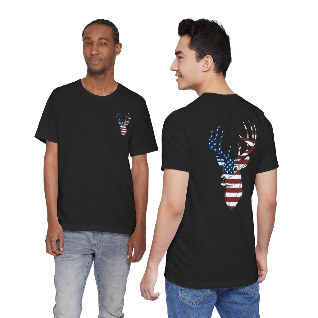 Patriotic Deer Head Graphic Tee — Red White & Blue Double-Sided Hunting Shirt | S–3XL