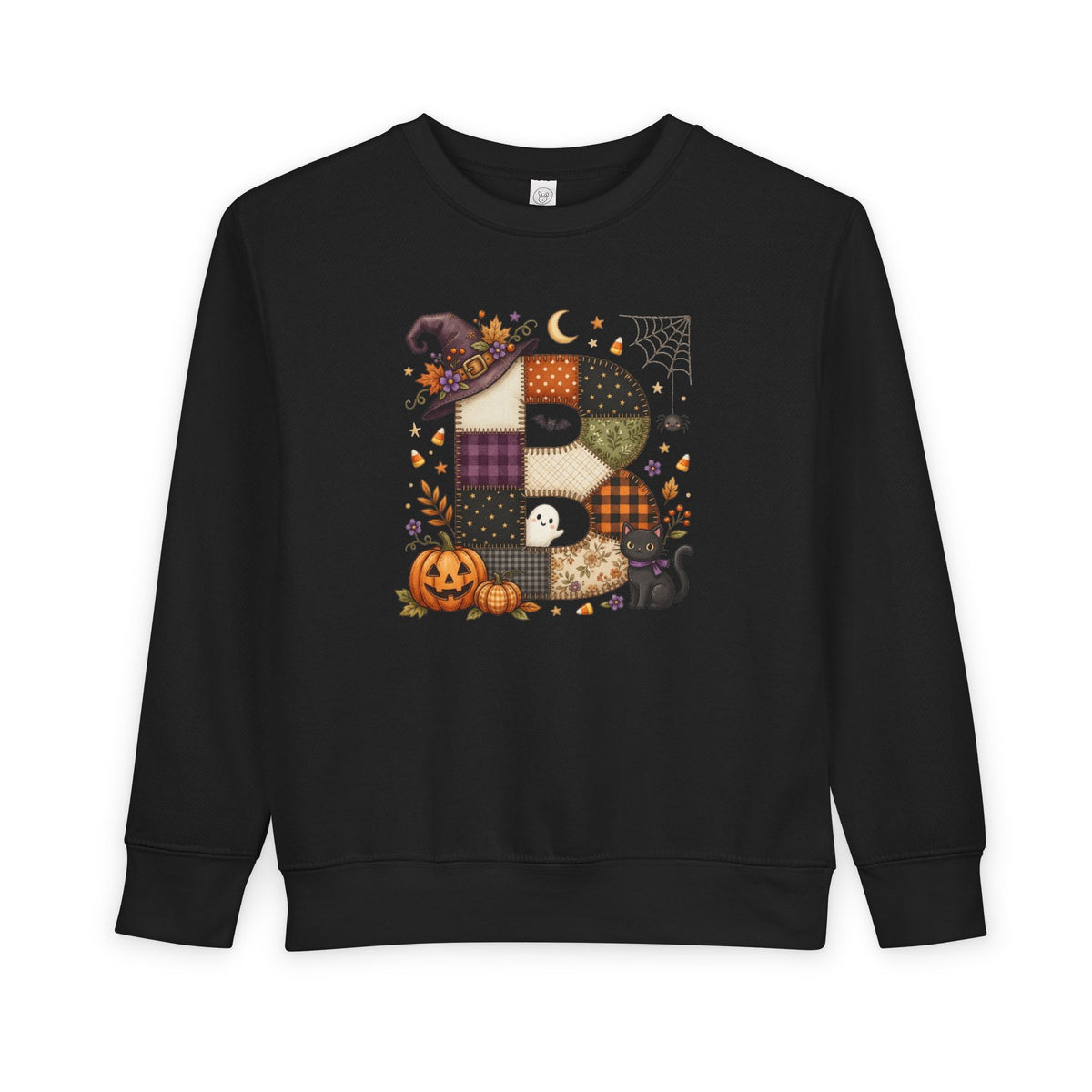 Kids Halloween Custom Initial Sweatshirt — Patchwork Pumpkin Witch Hat Design